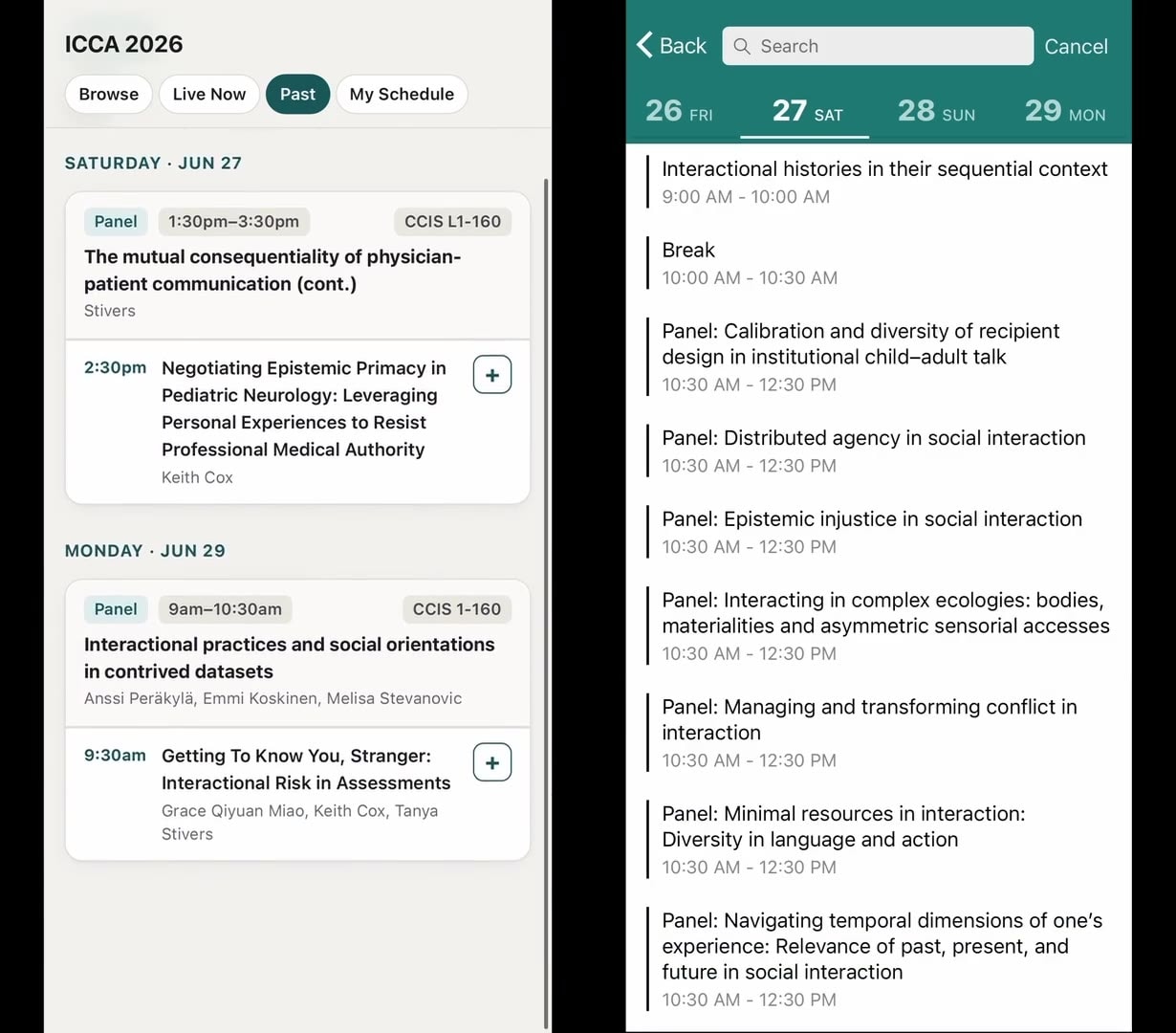 Side-by-side comparison of the ICCA 2026 Scheduler (left) and the official ICCA 2026 app (right)